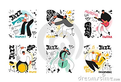 A set of musicians with jazz instruments. Trumpeter, saxophonist, drummer, guitarist, double bassist, pianist Vector Illustration